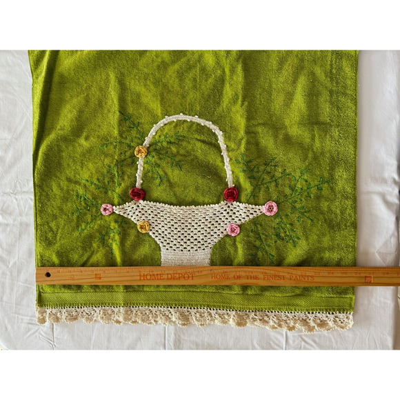 VTG Sears Green Terry Embroidered Lace Bath Towel Wash Cloth Set Flower Basket - Picture 5 of 10